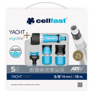 Cellfast Zestaw węża Yacht mini 15 m, 3/8 cala, z pistoletem natryskowym i adapterami.