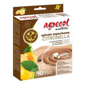 Agrecol Spirale Citronella, środek na owady o zapachu cytrynowym, 10 sztuk z metalową podstawką.