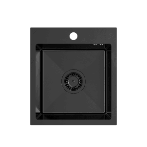Kwadratowy, czarny zlewozmywak ze stali nierdzewnej z odpływem i otworem na kran.