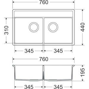 Rysunek techniczny zlewozmywaka granitowego t.b.t. z podwójną komorą i wymiarami.