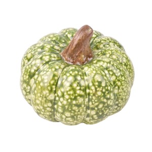 Dekoracyjna figurka dyni, zielona z białymi kropkami, do dekoracji ogrodu.