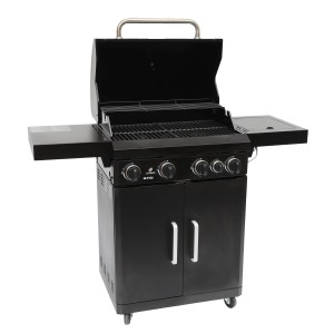 Czarny grill gazowy z czterema palnikami, półkami bocznymi i szafką.