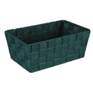 Zielony, prostokątny koszyk na akcesoria łazienkowe z plecionego materiału.