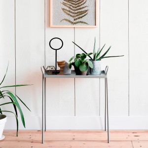 Dekoracyjny t.b.t. Emalie białe z roślinami i przedmiotami dekoracyjnymi na stole.