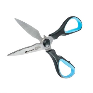 Nożyce ogrodowe t.b.t. z czarną rączką i niebieskimi akcentami.