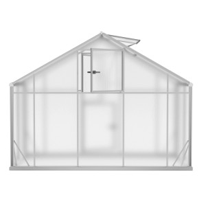 Jasna konstrukcja szklarni z drzwiami i świetlikiem dachowym.