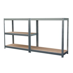 Szary regał t.b.t. z trzema poziomami do przechowywania i piwnicy.