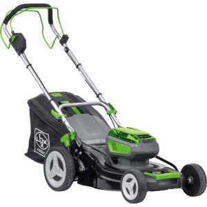 Zestaw akumulatorowej kosiarki LUX z 2 akumulatorami, szerokością koszenia 43 cm i napędem.