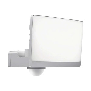 Biały reflektor LED z czujnikiem ruchu do użytku zewnętrznego.