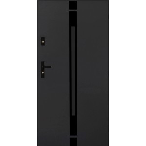 Nowoczesne, szare drzwi zewnętrzne z liniowym wzorem i klamką.