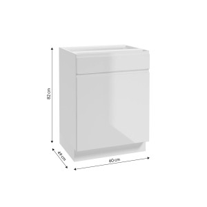 Biała szafka dolna z zestawu mebli kuchennych t.b.t., front błyszczący, z wymiarami.