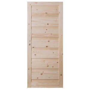 Drzwi wewnętrzne t.b.t. z jasnego drewna z poziomymi panelami.