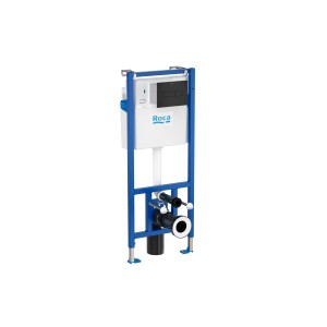 Zestaw WC t.b.t. ze stelażem montażowym w kolorze niebieskim i spłuczką.