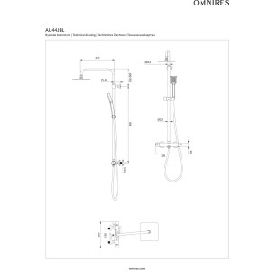 Rysunek techniczny kolumny prysznicowej t.b.t. z wymiarami.