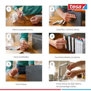 Instrukcja użycia taśmy klejącej t.b.t.: cięcie, naklejanie, usuwanie i czyszczenie.