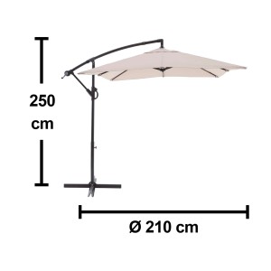 Parasol t.b.t. na wysięgniku o wymiarach: wysokość 250 cm, średnica 210 cm.