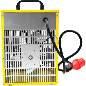 Widok z tyłu żółtego elektrycznego urządzenia grzewczego z kablem i wtyczką.