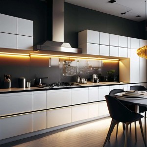 Nowoczesna kuchnia z białymi szafkami dolnymi i lampami podszafkowymi t.b.t.