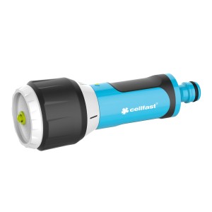 Jasnoniebieski pistolet ogrodowy z czarną rączką i dyszą.