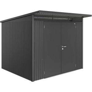 Domek ogrodowy Biohort AvantGarde A6, ciemnoszary metalik, z podwójnymi drzwiami. Metalowy domek ogrodowy.