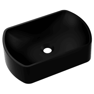 Czarna ceramiczna umywalka nablatowa t.b.t., prostokątna z zaokrąglonymi rogami.