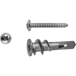 Metalowy kołek do płyt gipsowo-kartonowych LUX ze śrubami, odpowiedni do mocowania w ścianach gipsowych.