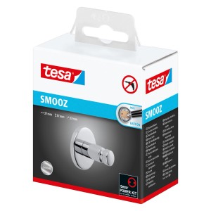 Zestaw akcesoriów łazienkowych Tesa Smooz, chromowany haczyk w opakowaniu.
