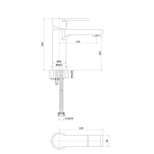 Rysunek techniczny: Bateria umywalkowa t.b.t. z wymiarami.