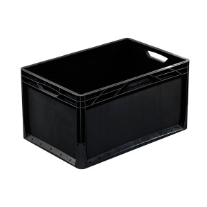 Czarny Eurobox 60x40x32 cm z pełnymi ścianami, część systemu Eurobox.