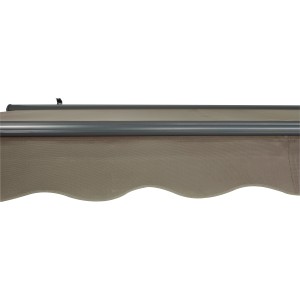 Zbliżenie markizy kasetowej Belport 3x2m w kolorze taupe z silnikiem, tkaniną i kasetą.