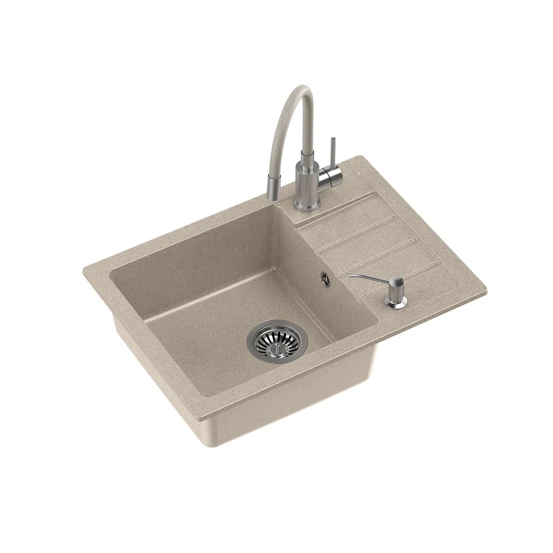 Zlewozmywak Ready Short 1-kom. z baterią i dozownikiem, beżowy 62x44 cm