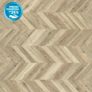 Jasne panele podłogowe t.b.t. we wzór jodełki, wodoodporne.