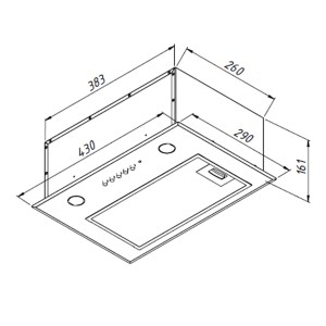 Rysunek techniczny płaskiego okapu kuchennego z wymiarami.