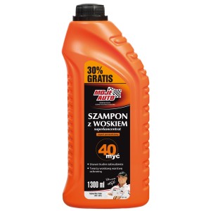 Pomarańczowa butelka szamponu samochodowego z woskiem, 1300 ml do pielęgnacji auta.