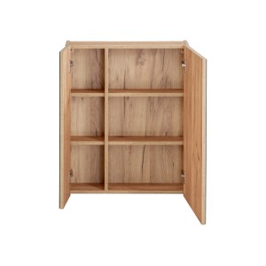 Otwarta szafka wisząca do łazienki w drewnopodobnym wykończeniu z sześcioma przegródkami.