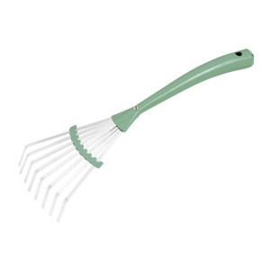 LUX Classic wachlarzowy grab ręczny z 8 zębami ze stali nierdzewnej i zielonym uchwytem. Idealny do liści na rabatach.