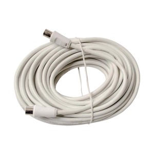 Zwinięty biały kabel koncentryczny/antenowy ze złączami F.