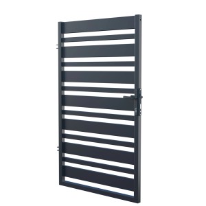 Brama ogrodzeniowa metalowa t.b.t. z poziomymi szczeblami w kolorze antracytowym.