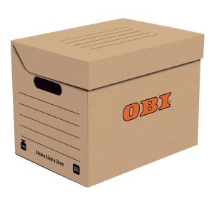 Brązowy karton OBI z pokrywką, 34x25x26cm, do przechowywania i transportu.