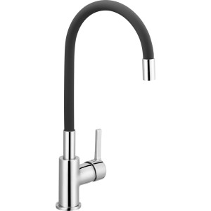 Bateria jednouchwytowa: Chromowana armatura z elastyczną, czarną wylewką.