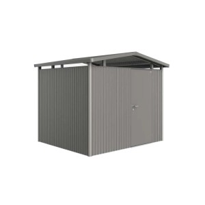 Biohort metalowy domek narzędziowy Panorama, kwarcowy szary, 5,6 m² z drzwiami i dachem dwuspadowym.