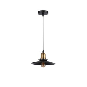 Czarna lampa wisząca t.b.t. w stylu industrialnym ze złotymi akcentami.