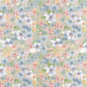t.b.t. Folia samoprzylepna we wzory kwiatowe w kolorze niebieskim, różowym i żółtym.
