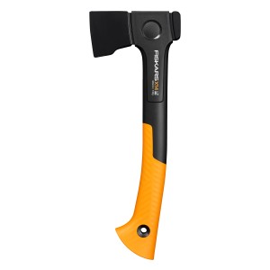 Fiskars X-series Siekiera uniwersalna X14, 35,5 cm, z czarną głowicą i pomarańczowo-czarnym uchwytem.