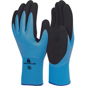 Niebieskie rękawice ogrodowe z czarną powłoką dla optymalnej ochrony podczas prac ogrodowych.