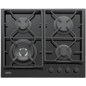 Czarna płyta kuchenna t.b.t. z czterema palnikami i pokrętłami.