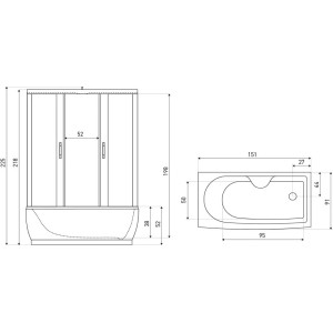 Rysunek techniczny kabiny hydromasażowej t.b.t. z wymiarami.