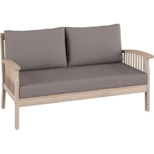 Zestaw mebli ogrodowych t.b.t.: Dwuosobowa ławka z szarymi poduszkami.