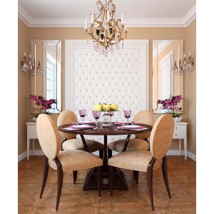 Elegancka jadalnia z dekoracyjnymi panelami ściennymi, stołem i krzesłami.