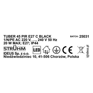 Struhm Lampa ogrodowa TUBER z czuj. ruchu PIR 1xE27 20W IP44 45cm czarna